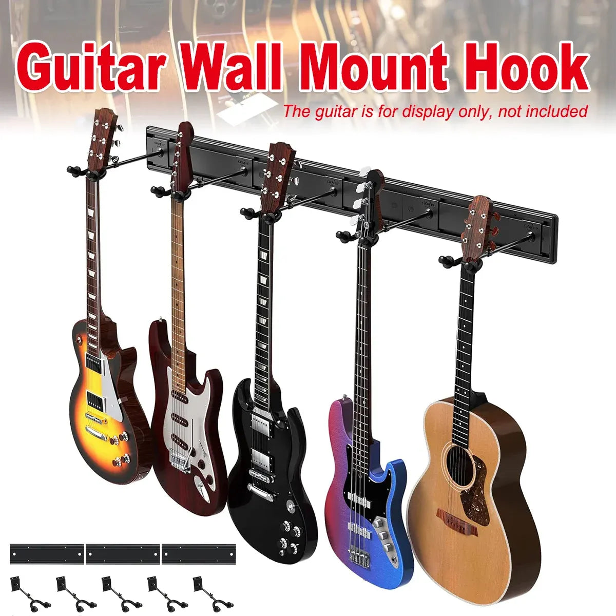 5 Hangers Guitar Wall Stand with Adjustable Aluminium Alloy Rail Black
