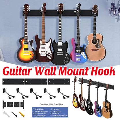 5 Hangers Guitar Wall Stand with Adjustable Aluminium Alloy Rail Black
