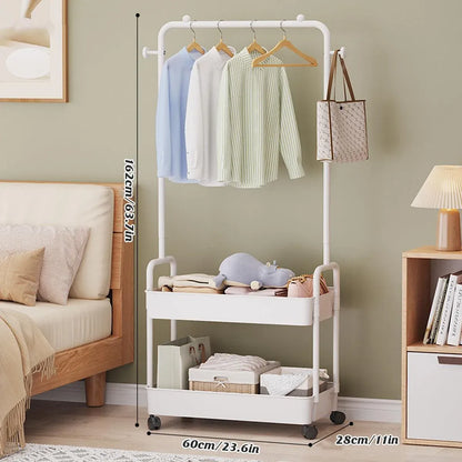 1-Piece Mobile Clothes Rack with Rail and Storage Baskets, White