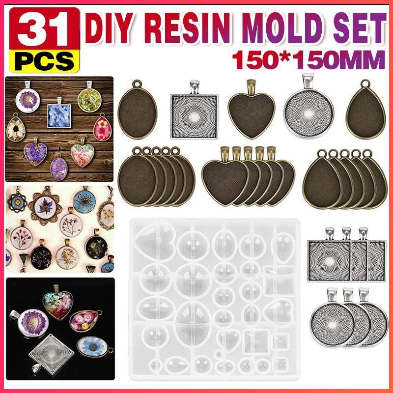 31 Pcs DIY Resin Casting Mould and Pendant Tray Kit for Jewellery Making