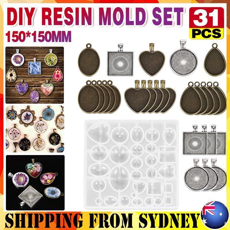 31 Pcs DIY Resin Casting Mould and Pendant Tray Kit for Jewellery Making