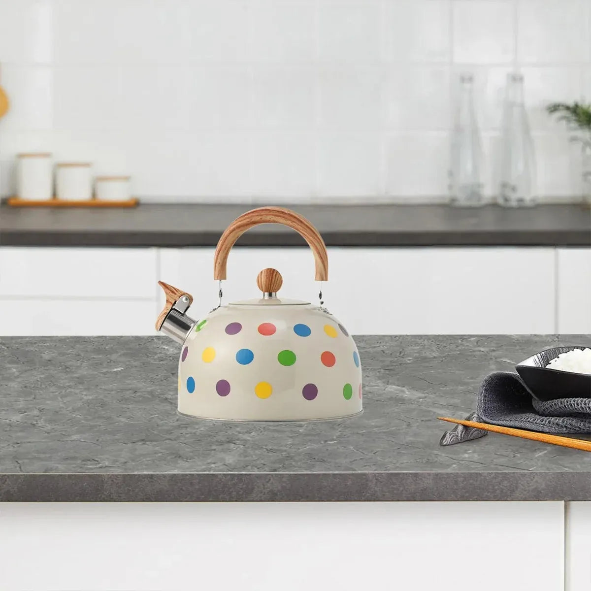 3L Stainless Steel Polka Dot Whistling Kettle Wooden Handle Gas Electric Stove