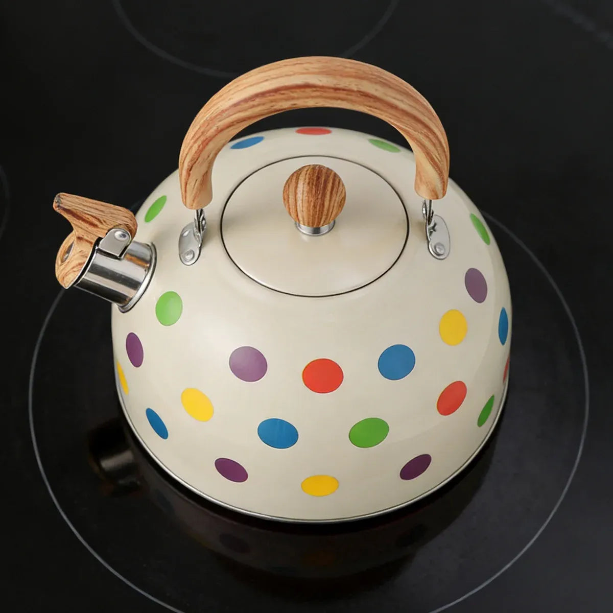 3L Stainless Steel Polka Dot Whistling Kettle Wooden Handle Gas Electric Stove