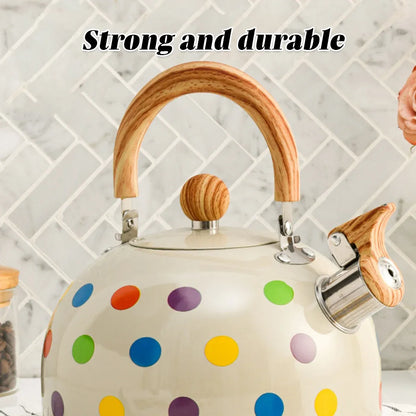 3L Stainless Steel Polka Dot Whistling Kettle Wooden Handle Gas Electric Stove