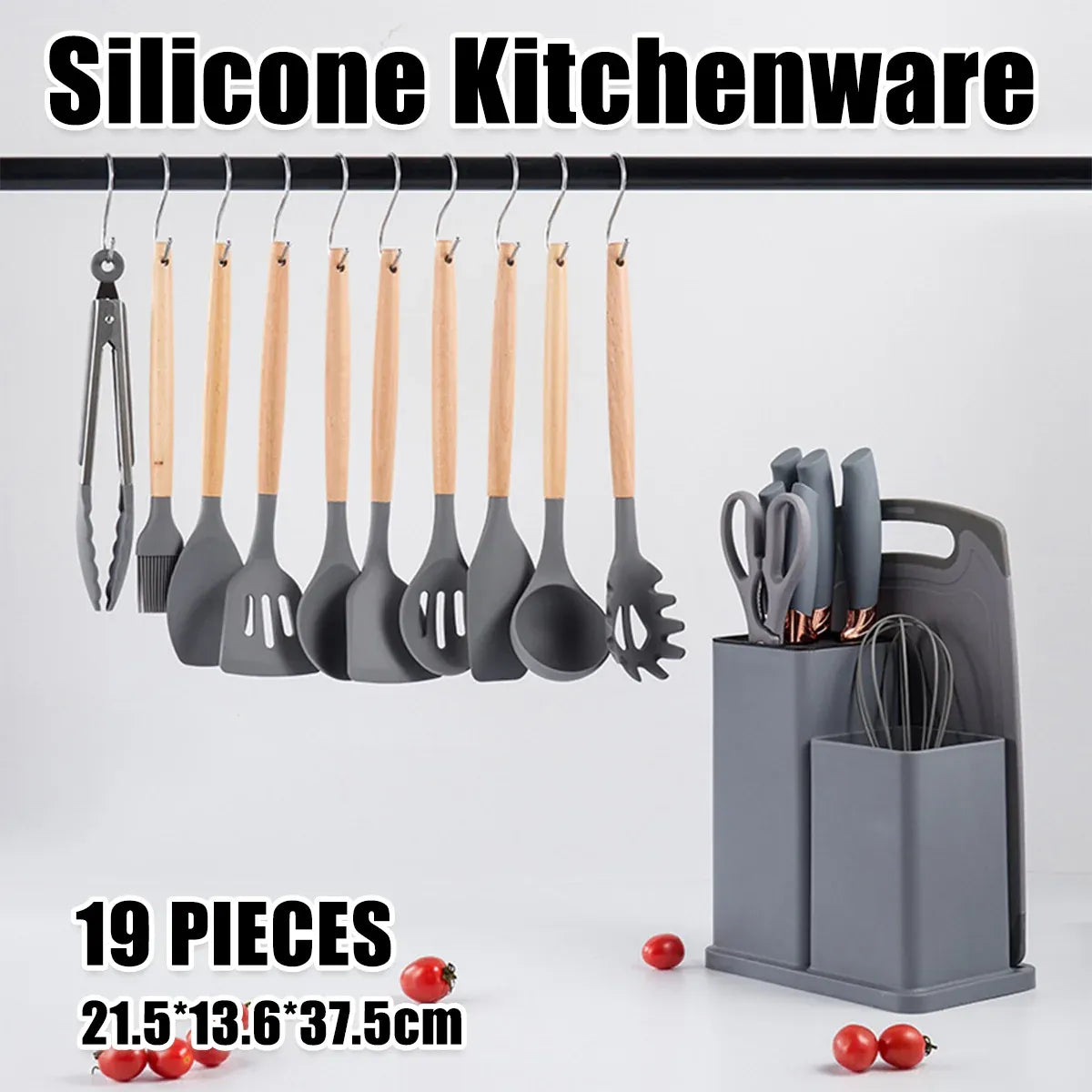 19-Piece Grey Kitchen Utensil Set with Storage Holder