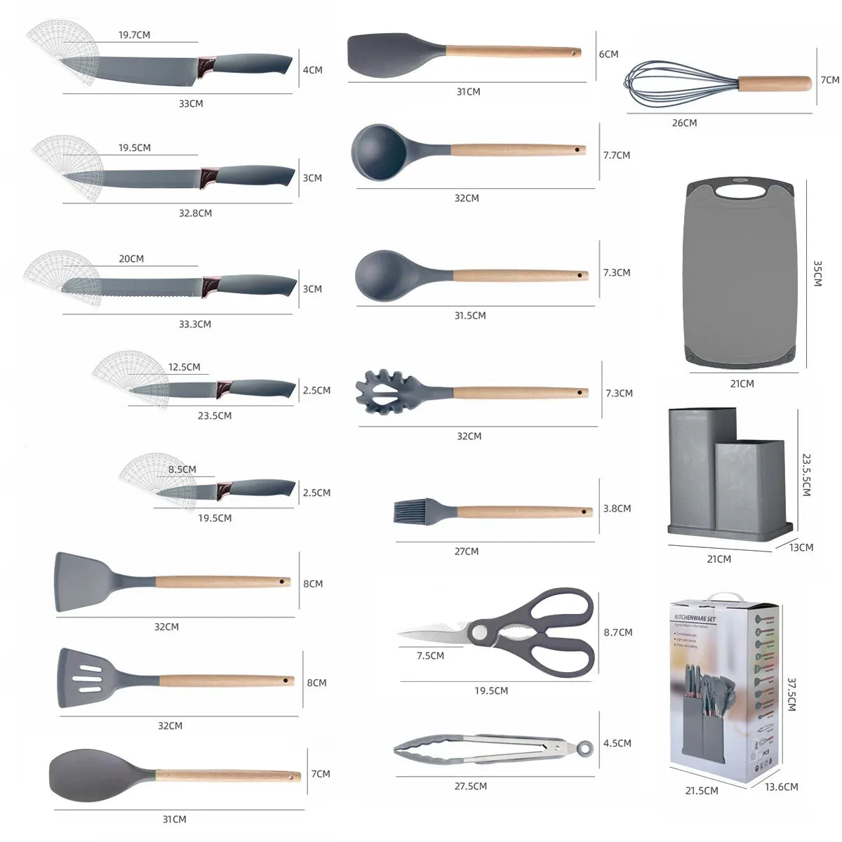 19-Piece Grey Kitchen Utensil Set with Storage Holder