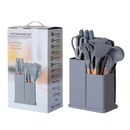 19-Piece Grey Kitchen Utensil Set with Storage Holder