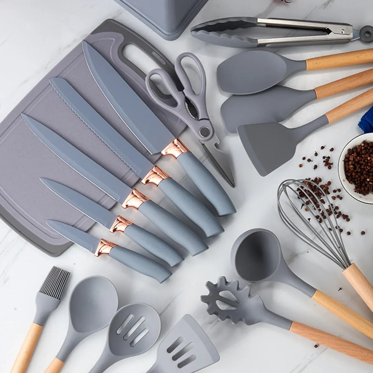 19-Piece Grey Kitchen Utensil Set with Storage Holder