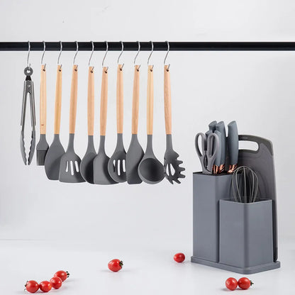 19-Piece Grey Kitchen Utensil Set with Storage Holder