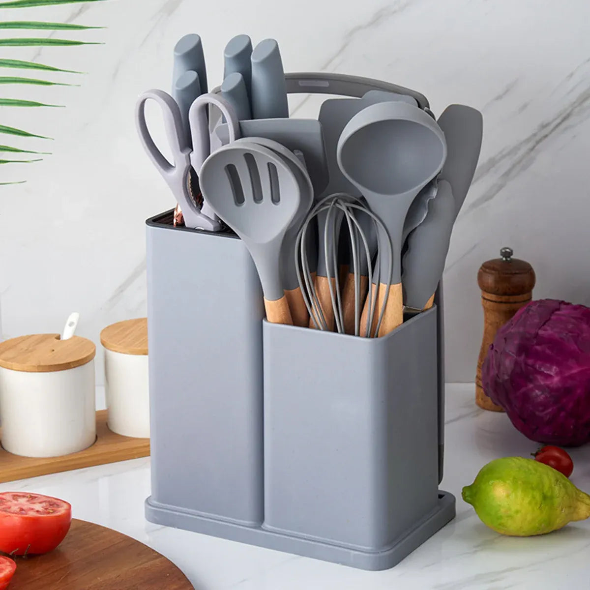 19-Piece Grey Kitchen Utensil Set with Storage Holder