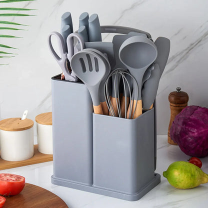19-Piece Grey Kitchen Utensil Set with Storage Holder