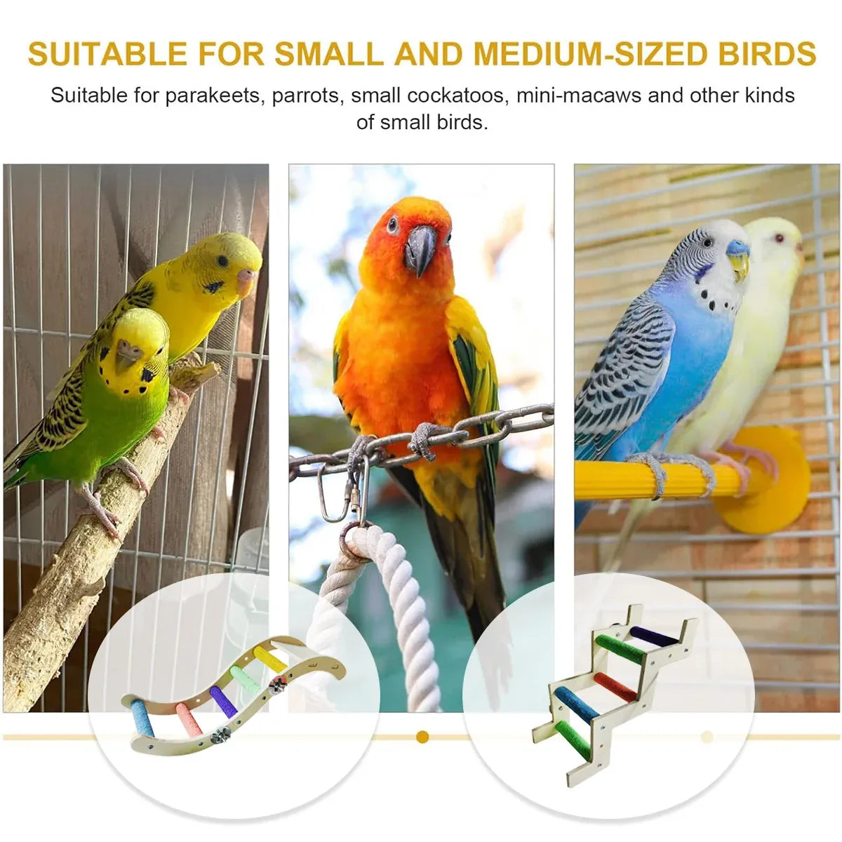 Wooden Parrot Climbing Ladder Swing Toy Claw Grinding Sanded for Small Birds - Curved
