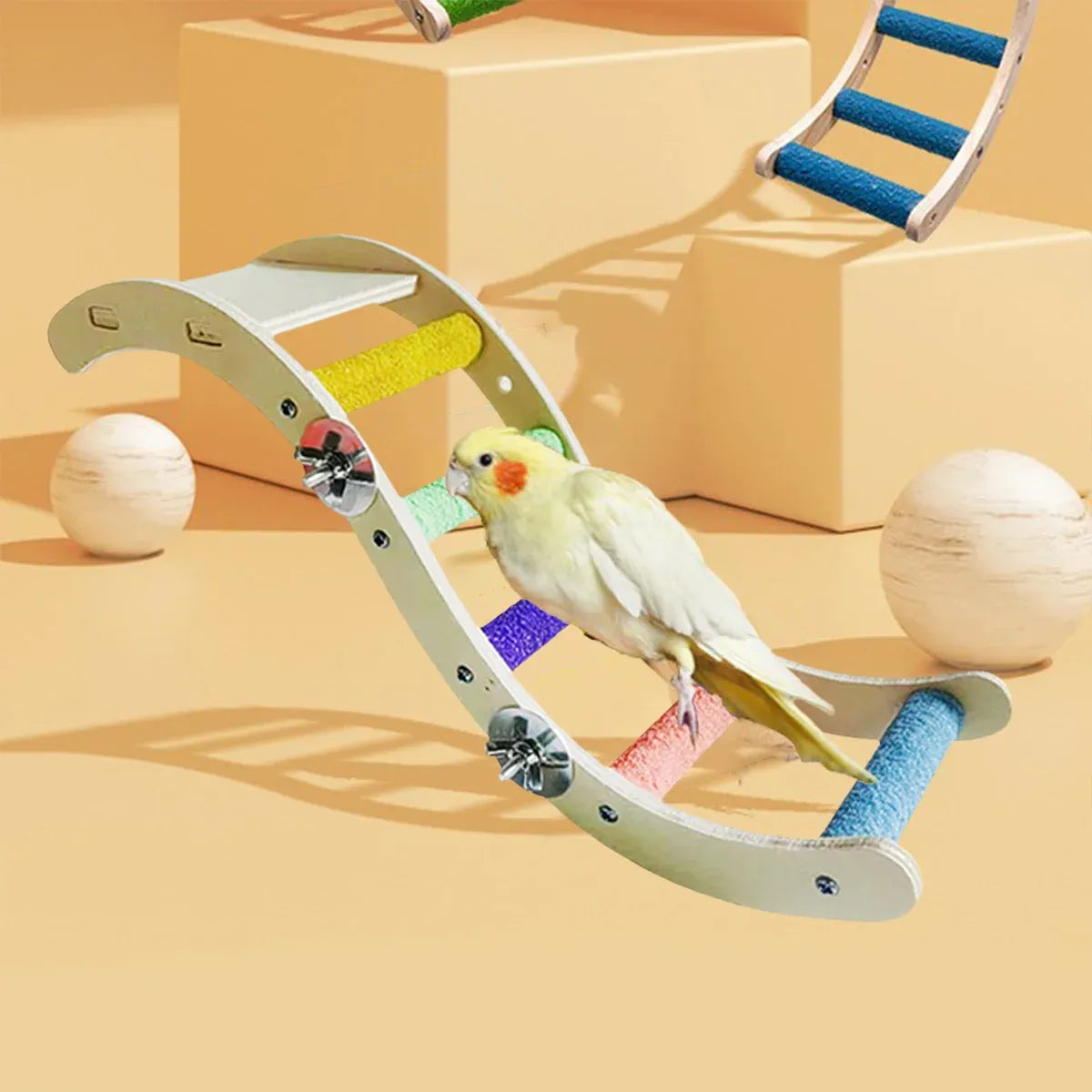 Wooden Parrot Climbing Ladder Swing Toy Claw Grinding Sanded for Small Birds - Curved