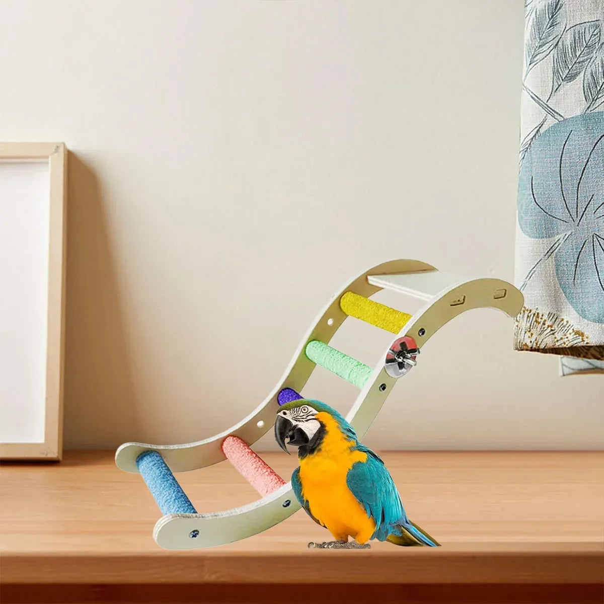 Wooden Parrot Climbing Ladder Swing Toy Claw Grinding Sanded for Small Birds - Curved