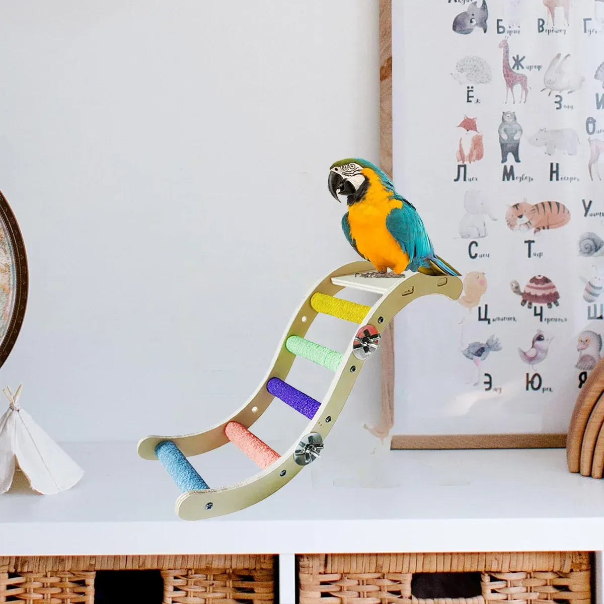 Wooden Parrot Climbing Ladder Swing Toy Claw Grinding Sanded for Small Birds - Curved