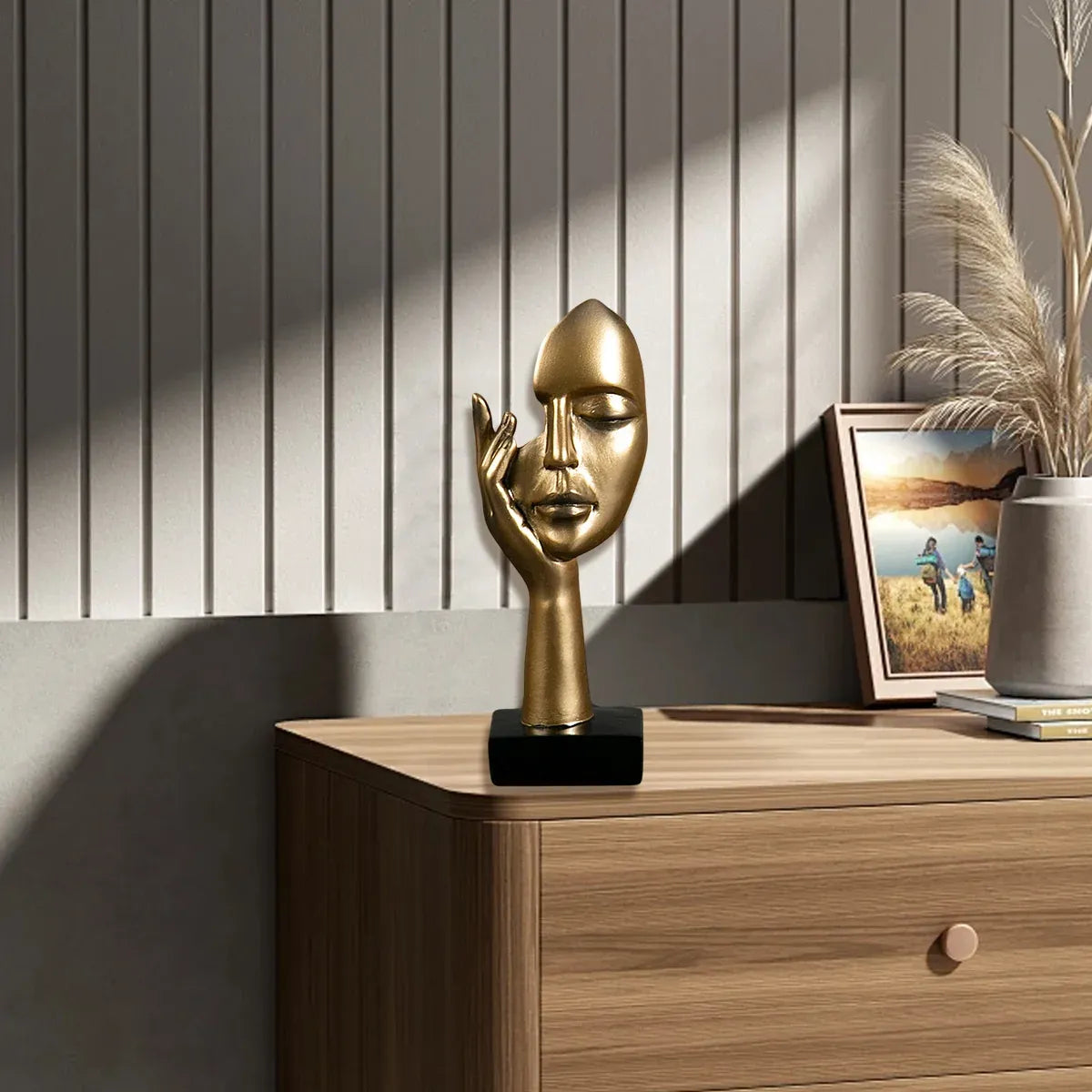 Abstract Face Resin Sculpture in Gold with Black Base for Living Room