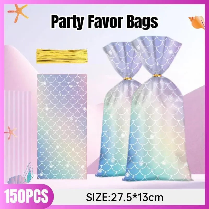 Mermaid Party Favour Bags 150 Pack with Gold Twist Ties 27.5 x 13 cm