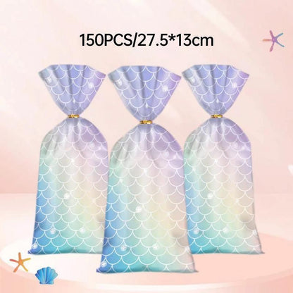 Mermaid Party Favour Bags 150 Pack with Gold Twist Ties 27.5 x 13 cm