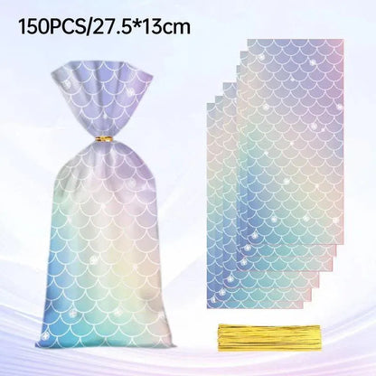 Mermaid Party Favour Bags 150 Pack with Gold Twist Ties 27.5 x 13 cm