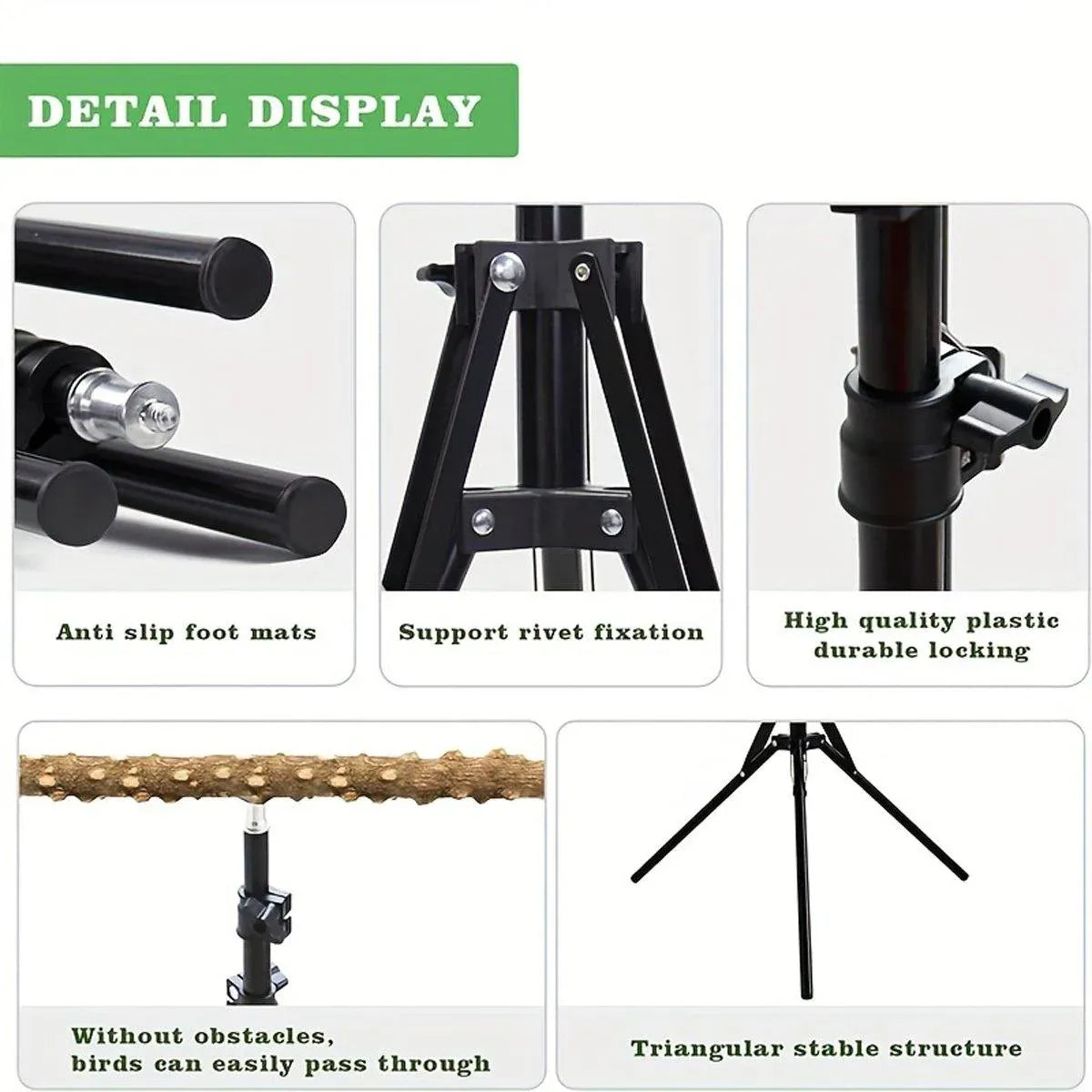 1-Piece Height-Adjustable Bird Perch Stand with Tripod Base