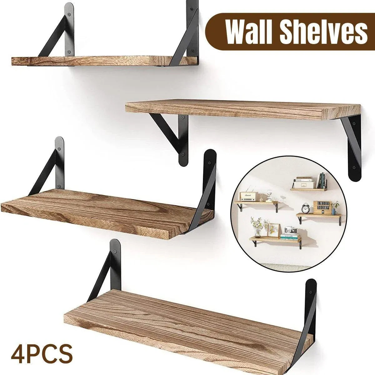 4 Wall-Mounted Wood Shelves with Black Metal Brackets