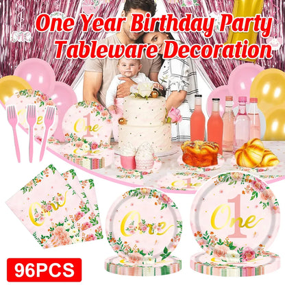 96-Piece First Birthday Floral Tableware Pack for 24 Place Settings