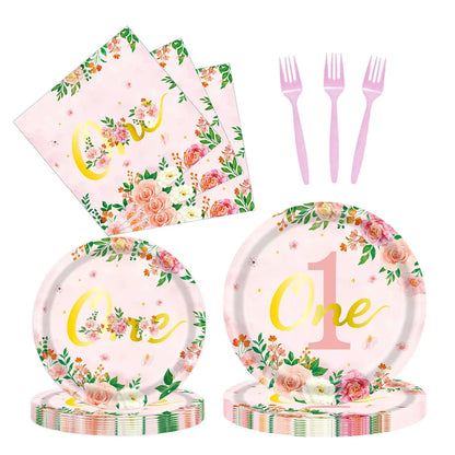 96-Piece First Birthday Floral Tableware Pack for 24 Place Settings