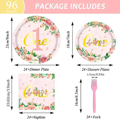 96-Piece First Birthday Floral Tableware Pack for 24 Place Settings