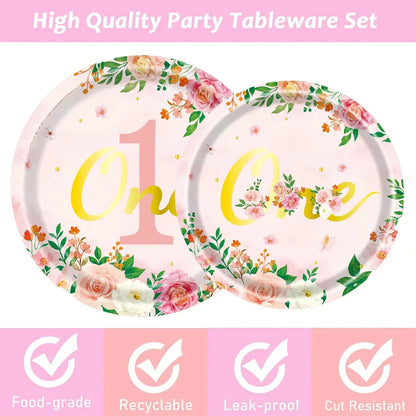 96-Piece First Birthday Floral Tableware Pack for 24 Place Settings
