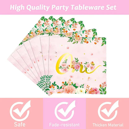 96-Piece First Birthday Floral Tableware Pack for 24 Place Settings
