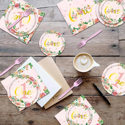96-Piece First Birthday Floral Tableware Pack for 24 Place Settings