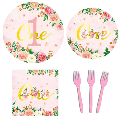 96-Piece First Birthday Floral Tableware Pack for 24 Place Settings