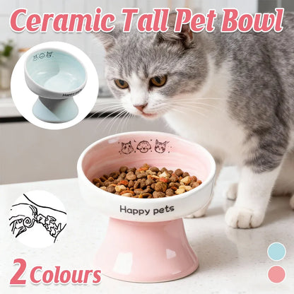 Tall Raised Ceramic Pet Bowl for Cats and Small Dogs in Blue or Pink - Blue