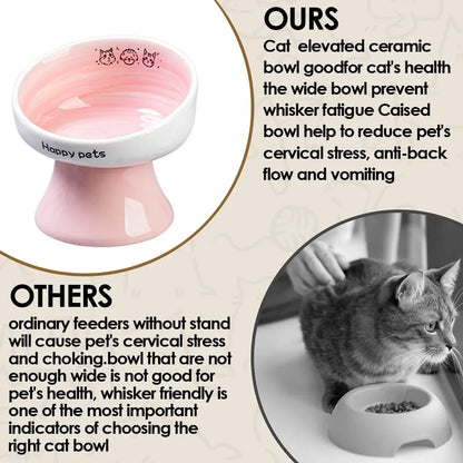 Tall Raised Ceramic Pet Bowl for Cats and Small Dogs in Blue or Pink - Blue