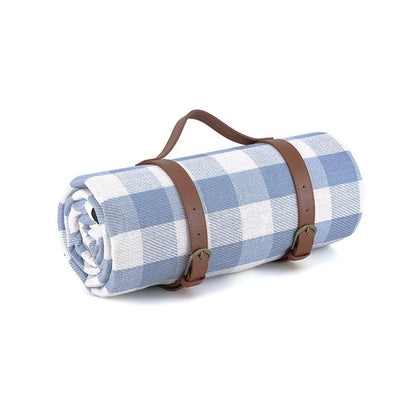 1-Piece Blue and White Check Picnic Blanket with Carry Straps, 200 x 200 cm