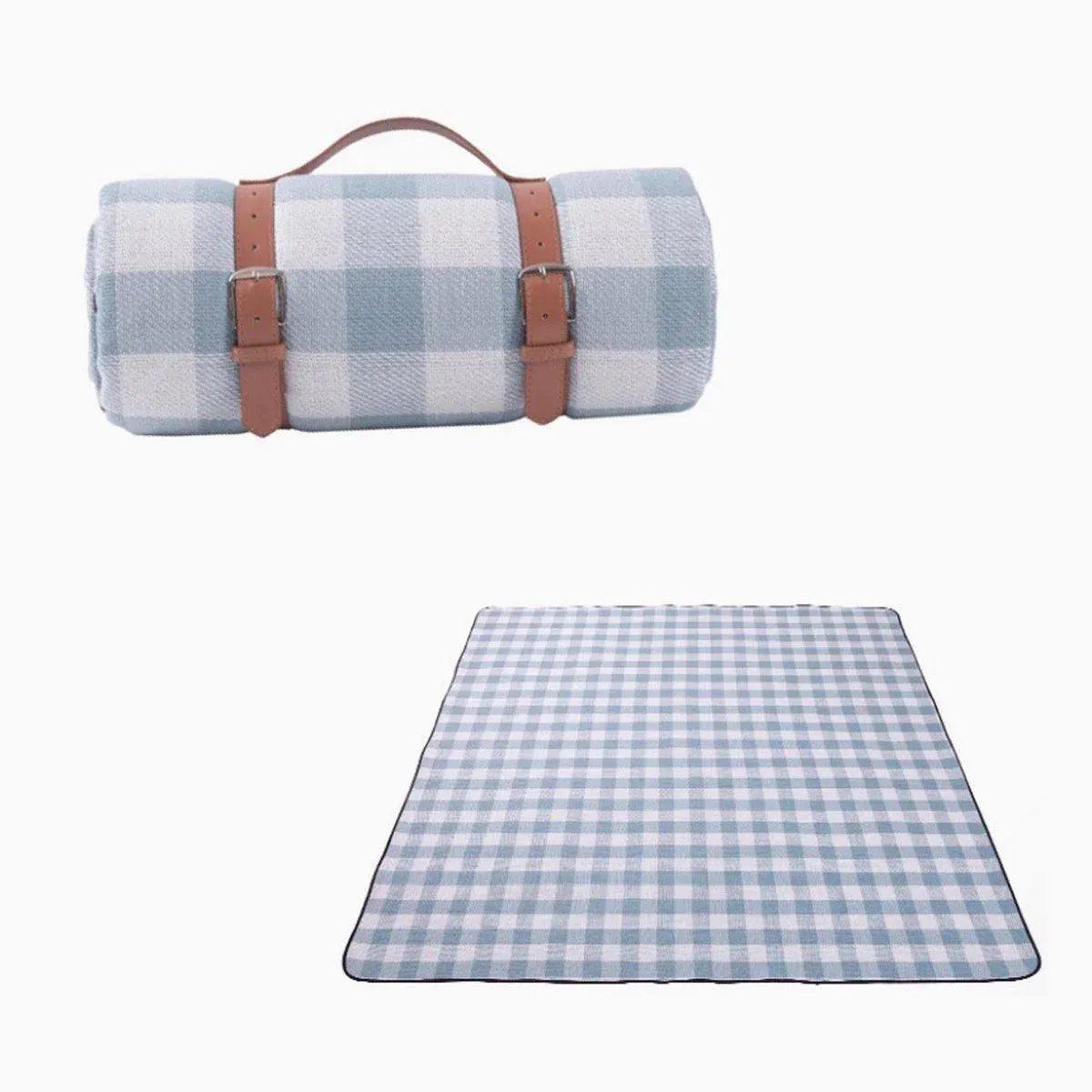 1-Piece Blue and White Check Picnic Blanket with Carry Straps, 200 x 200 cm