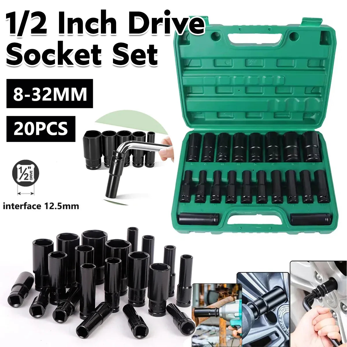 20PCS 1/2 Inch Drive Socket Set 8mm to 32mm with Case Chrome Vanadium Steel
