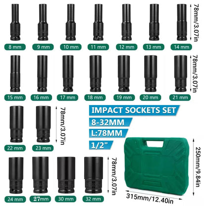 20PCS 1/2 Inch Drive Socket Set 8mm to 32mm with Case Chrome Vanadium Steel