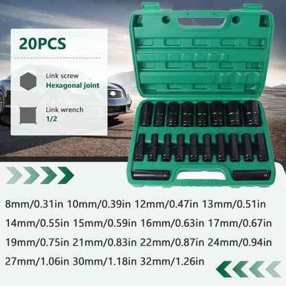 20PCS 1/2 Inch Drive Socket Set 8mm to 32mm with Case Chrome Vanadium Steel