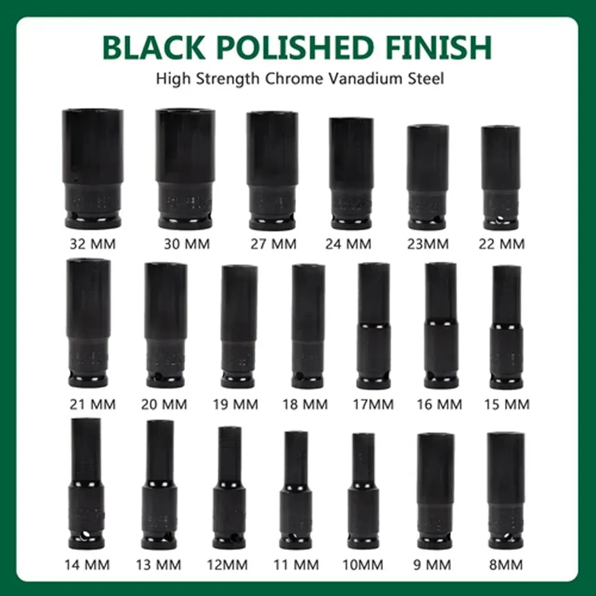 20PCS 1/2 Inch Drive Socket Set 8mm to 32mm with Case Chrome Vanadium Steel