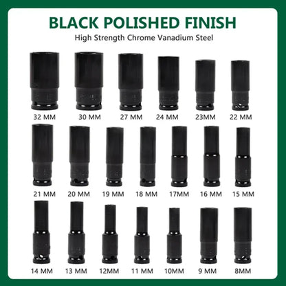 20PCS 1/2 Inch Drive Socket Set 8mm to 32mm with Case Chrome Vanadium Steel