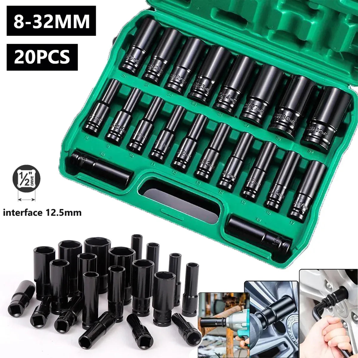 20PCS 1/2 Inch Drive Socket Set 8mm to 32mm with Case Chrome Vanadium Steel