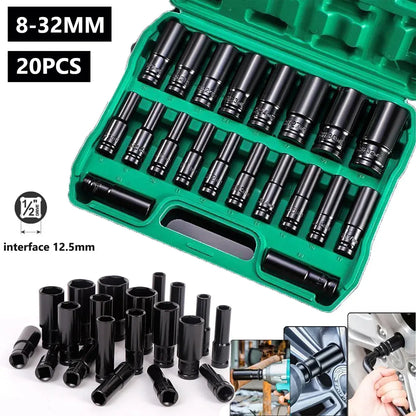 20PCS 1/2 Inch Drive Socket Set 8mm to 32mm with Case Chrome Vanadium Steel