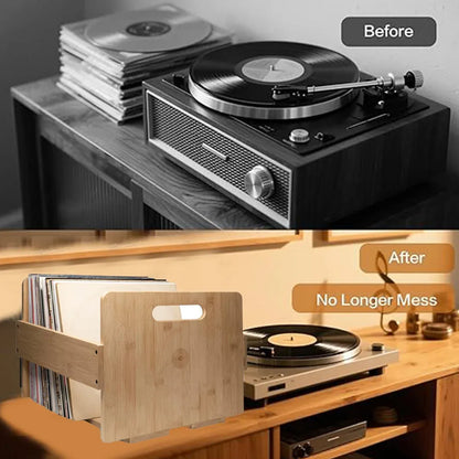 Bamboo Wood Record Stand Large Capacity Space Saving Vinyl Collection Display
