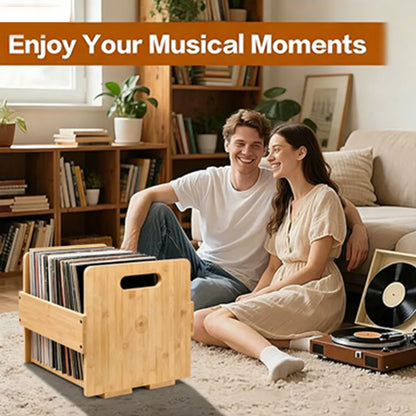 Bamboo Wood Record Stand Large Capacity Space Saving Vinyl Collection Display