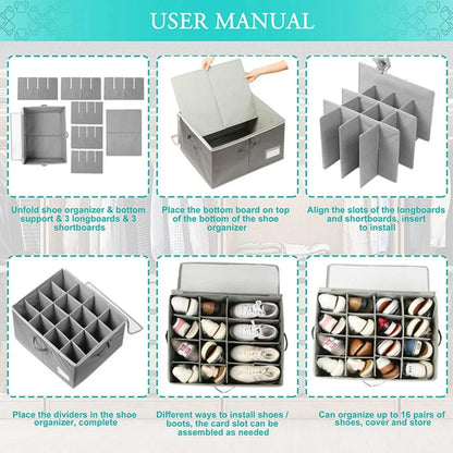 1-Piece Grey 16-Compartment Foldable Shoe Storage Organiser