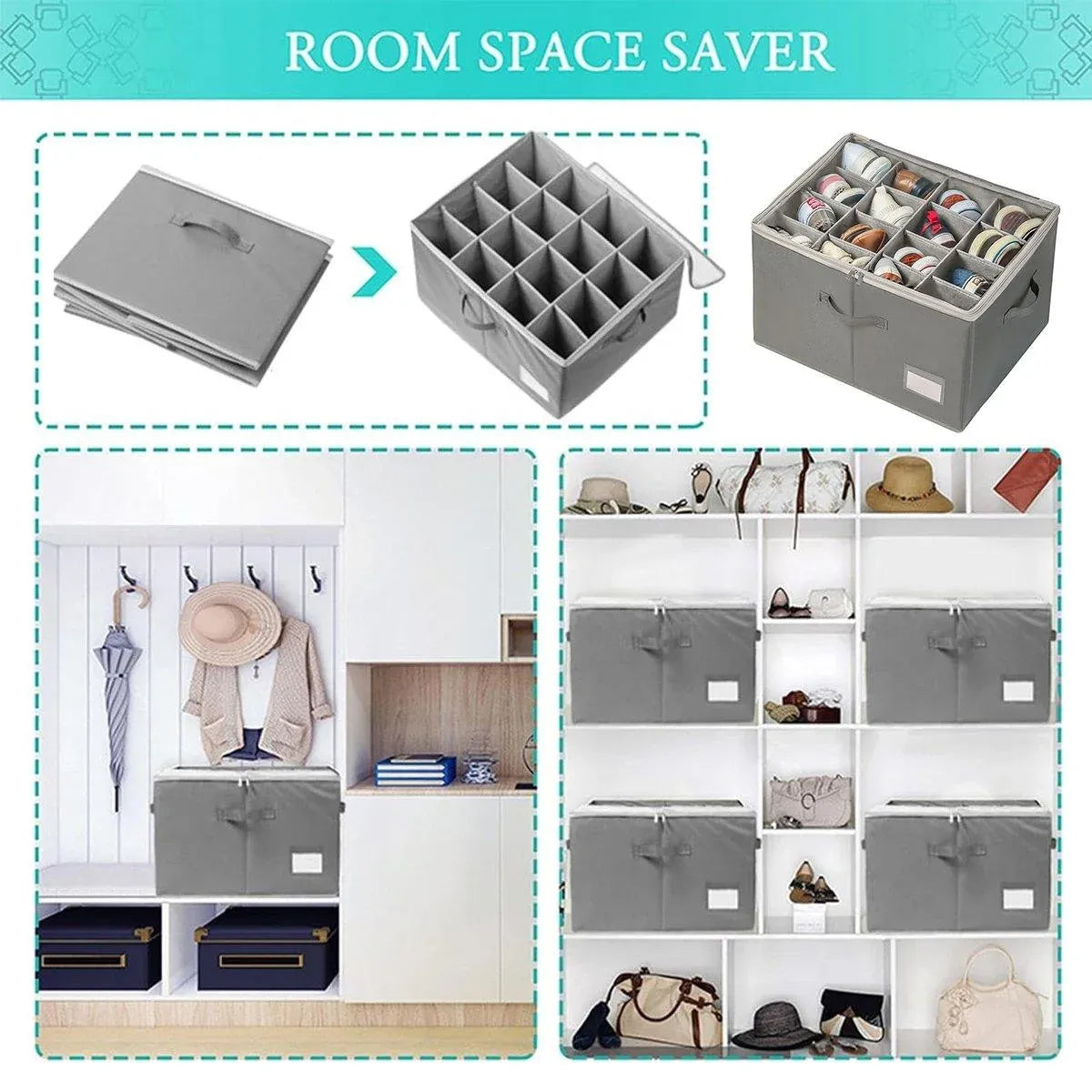 1-Piece Grey 16-Compartment Foldable Shoe Storage Organiser