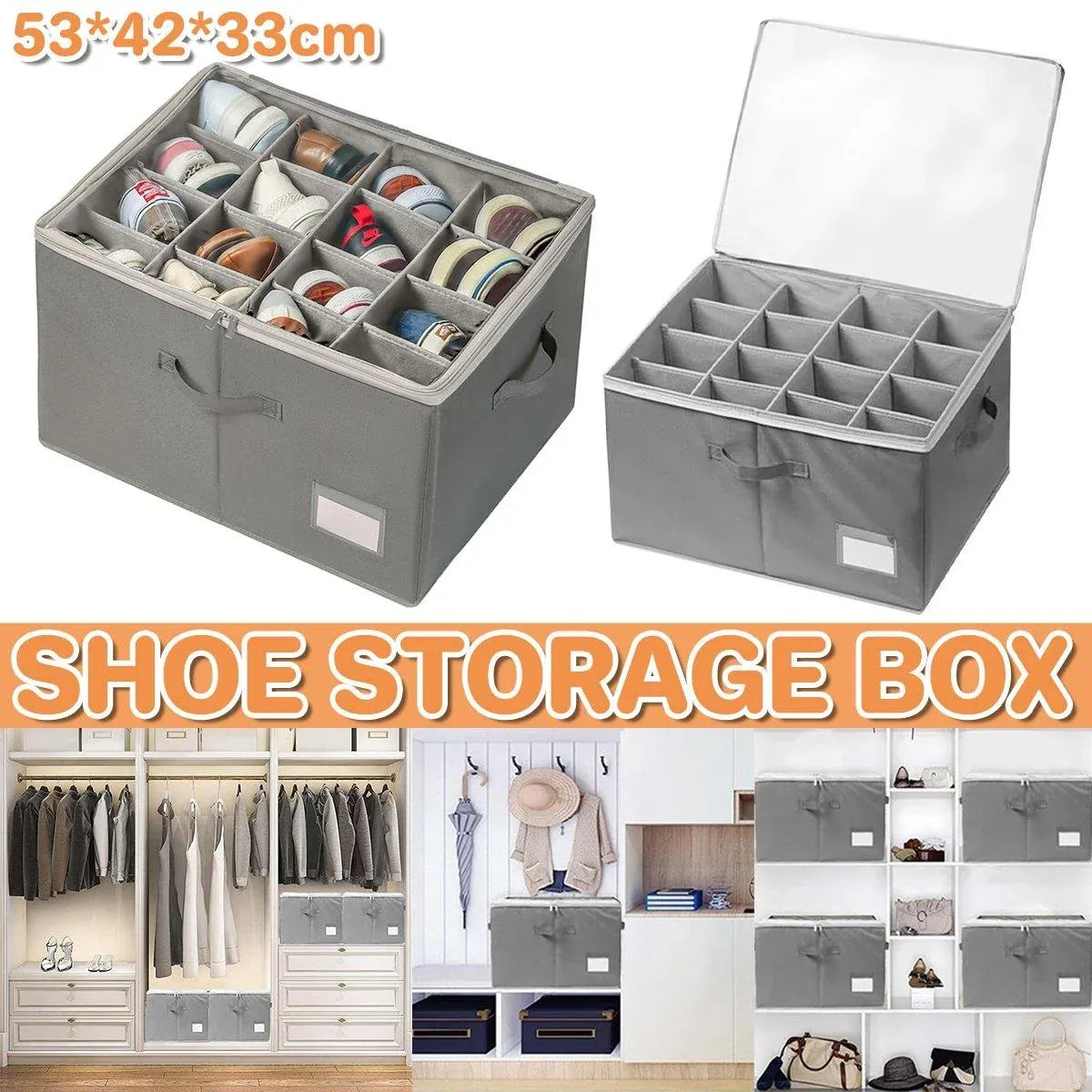 1-Piece Grey 16-Compartment Foldable Shoe Storage Organiser