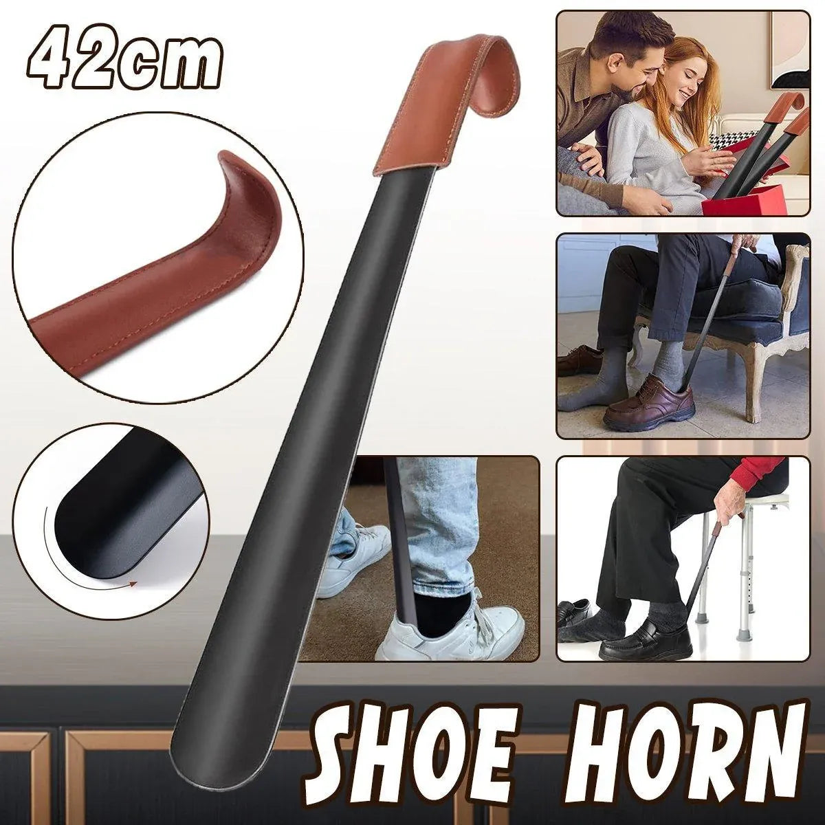 Long Handle Shoe Horn 42 cm Black with Brown Handle Sleeve, 1 Piece