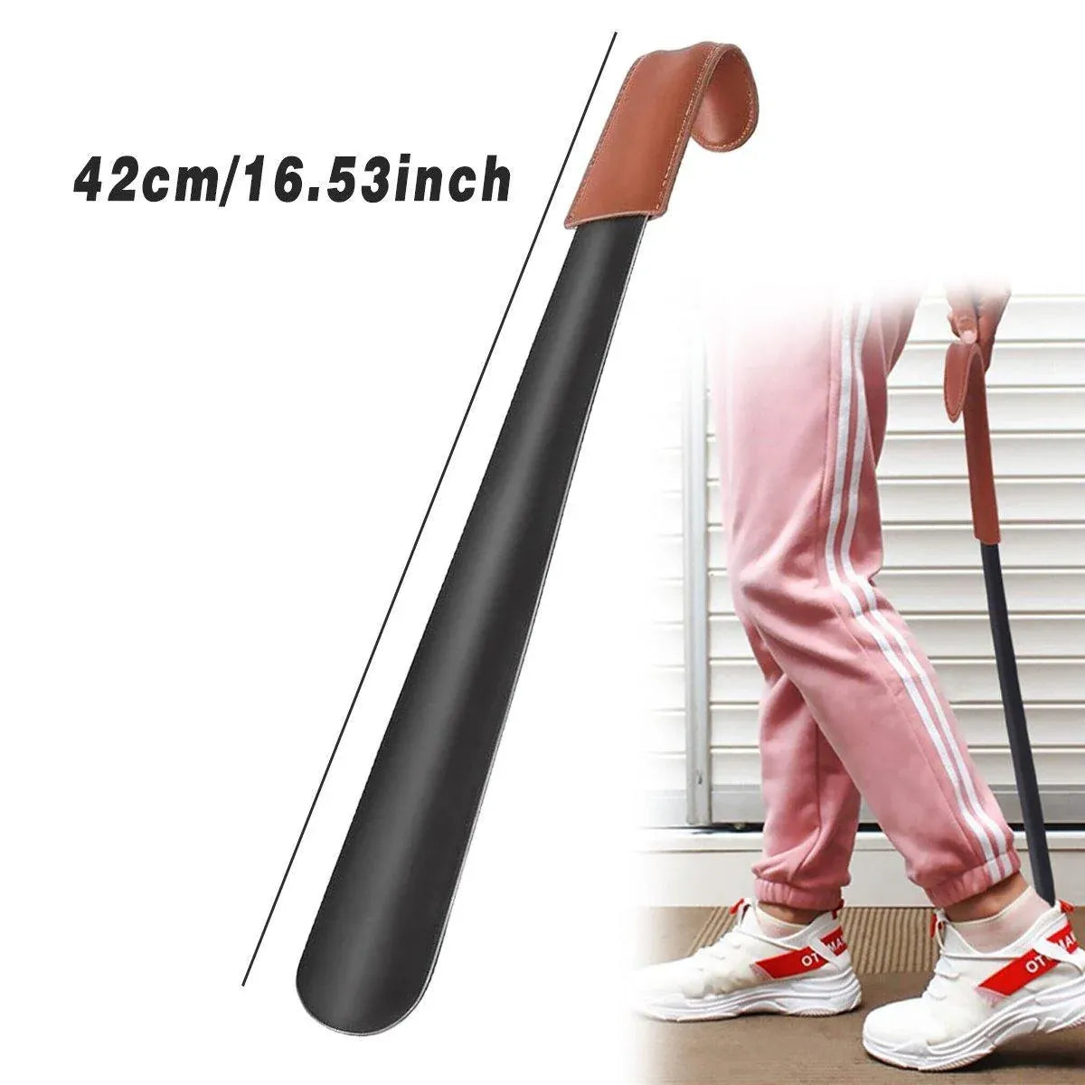 Long Handle Shoe Horn 42 cm Black with Brown Handle Sleeve, 1 Piece